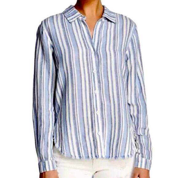Bella Dahl Linen Blend Fringe Shirt Button Up Women’s Sz M Blue White Stripes - Picture 8 of 9
